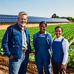 **

"A group of diverse people working together on a sustainable farm, solar panels in the background, fully clothed, appropriate attire, safe for work, perfect anatomy, natural proportions, professional photography, vibrant colors, demonstrating ethical investment, family-friendly, modest clothing."

**