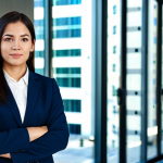 **

"A fully clothed businesswoman in a modest, dark blue professional suit, standing confidently in a modern office building lobby with glass walls, safe for work, appropriate content, perfect anatomy, natural proportions, professional portrait, high resolution, family-friendly."

**