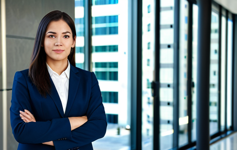 **

"A fully clothed businesswoman in a modest, dark blue professional suit, standing confidently in a modern office building lobby with glass walls, safe for work, appropriate content, perfect anatomy, natural proportions, professional portrait, high resolution, family-friendly."

**